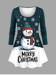 T-shirt à manches longues grande taille avec imprimé bonhomme de neige et flocons de neige, motif Noël - Vert profond M