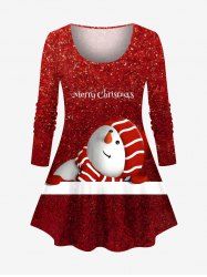 T-shirt à manches longues grande taille avec imprimé 3D pailleté bonhomme de neige de Noël - Rouge 3X