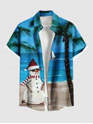 Plus Size Christmas Snowman Coconut Tree Sea Sailboat Print Hawaii Button Pocket Shirt For Men -  