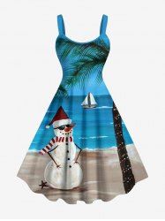 Plus Size Christmas Snowman Coconut Tree Sea Sailboat Print Hawaii A Line Dress -  