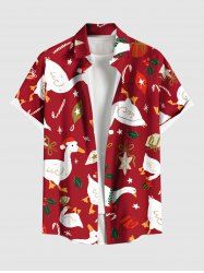 Plus Size Christmas Hat Goose Candy Gift Print Button Pocket Shirt For Men -  