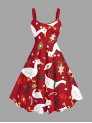 Robe trapèze imprimée avec chapeau de Noël grande taille et bonbons d'oie - Rouge 2X