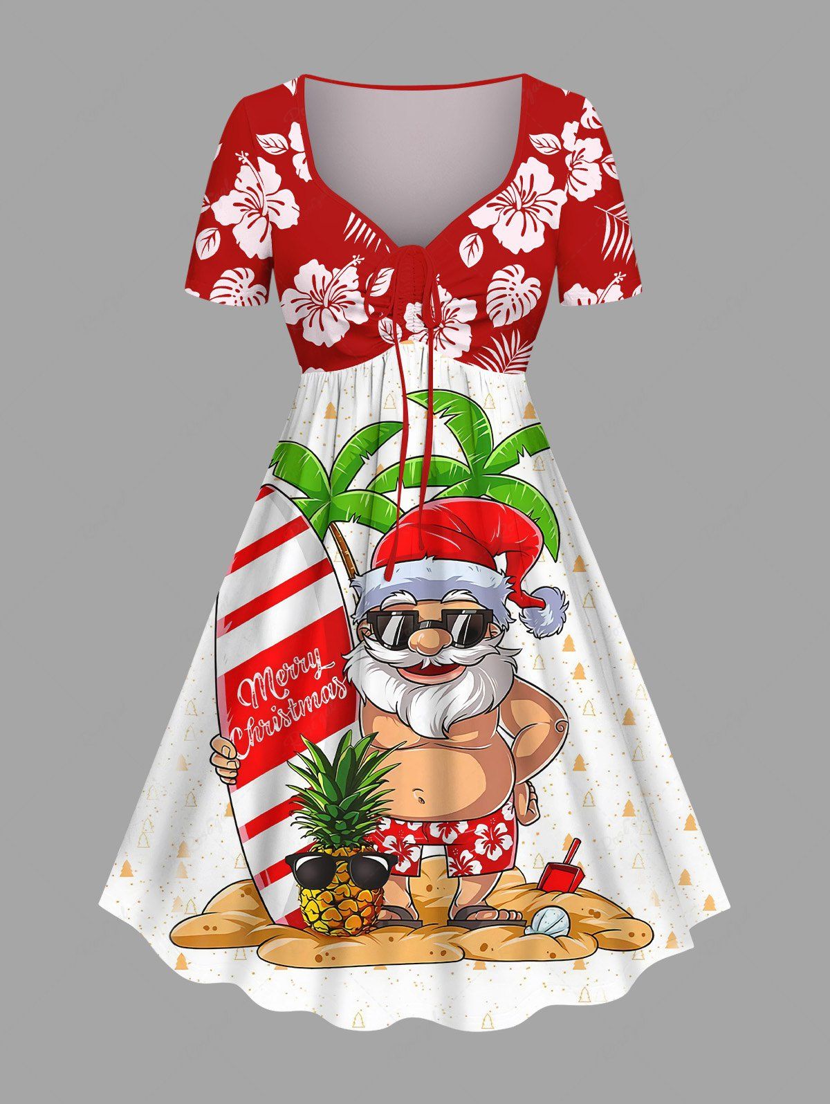 Robe de Noël grande taille avec Père Noël, cocotier, ananas, skateboard, hibiscus, imprimé tropical et feuilles hawaïennes, cintrée Rouge 6X