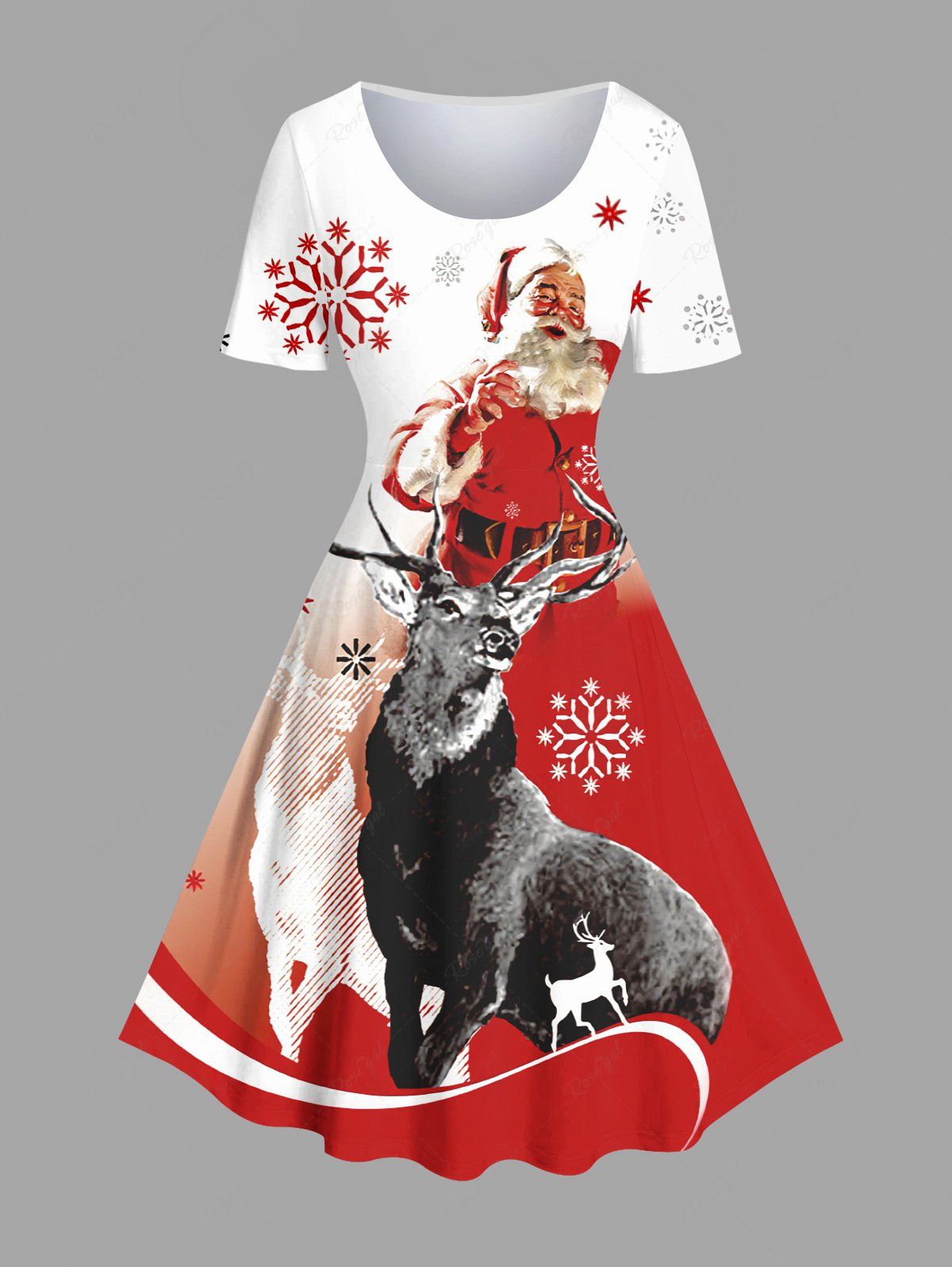 Robe vintage grande taille imprimée Père Noël, flocons de neige et élans Rouge 6X