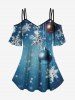 Christmas Ball Snowflake Print Cold Shoulder Ombre Cami T-shirt and Flare Pants Plus Size Matching Set -  