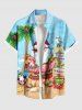 Plus Size Christmas Santa Claus Coconut Tree Flamingo Seascape Print Buttons Pocket Shirt For Men -  
