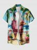 Plus Size Christmas Ball Santa Claus Flowers Flamingo Seascape Print Buttons Pocket Shirt For Men -  
