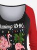 T-shirt à manches raglan grande taille avec imprimé de guirlande lumineuse de Noël, cocotier, ananas, flamant rose et flocons de neige - Noir XS