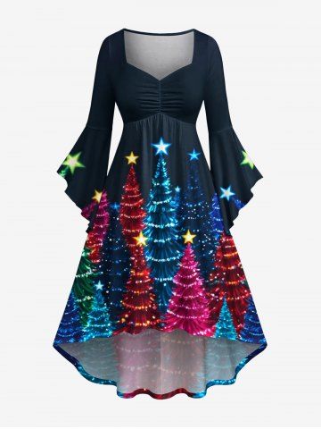 Plus Size Colorful Glitter Christmas Tree Print Ruched High Low Asymmetric Dress - NAVY BLUE - 5X