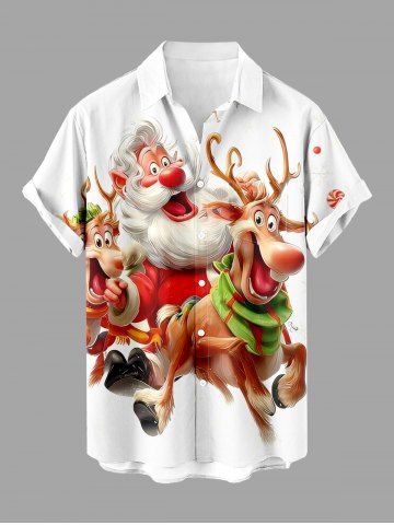 Plus Size Christmas Santa Claus Elk Candy Print Buttons Pocket Shirt For Men - WHITE - 6XL