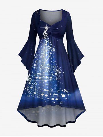 Plus Size Christmas Tree Galaxy Star Musical Notes Print Ruched Flare Sleeves High Low Dress - NAVY BLUE - L