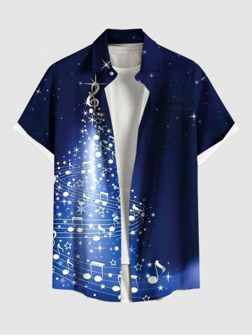 Plus Size Christmas Tree Galaxy Star Musical Notes Print Buttons Pocket Shirt For Men - NAVY BLUE - 5XL