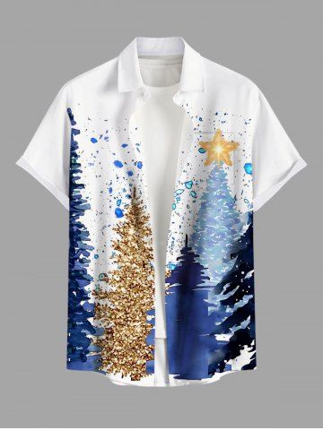 Plus Size Christmas Tree Star Paint Splatter Sparkling Sequin 3D Print Buttons Pocket Shirt For Men - WHITE - M