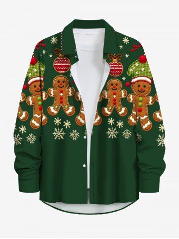 Plus Size Christmas Ball Gingerbread Snowflake Print Buttons Pocket Long Sleeves Shirt For Men - DEEP GREEN - 7XL