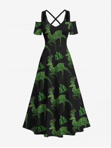 Plus Size Glitter Christmas Tree Elk Print Cold Shoulder Crisscross A Line Maxi Dress - BLACK - 4X