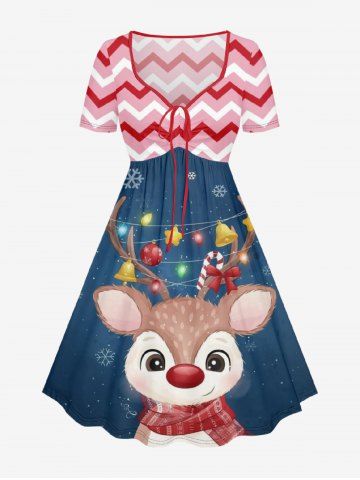 Plus Size Christmas Elk Snowflake Ball Galaxy Zig Zag Print Cinched A Line Dress - NAVY BLUE - XS