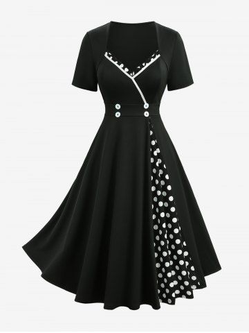 Plus Size Polka Dot Printed Patchwork Button A Line Vintage Dress - BLACK - 2X | US 18-20