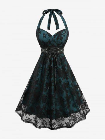 Plus Size Grommets Lace-up Floral Lace Halter Vintage Dress - LIGHT GREEN - 5X | US 30-32