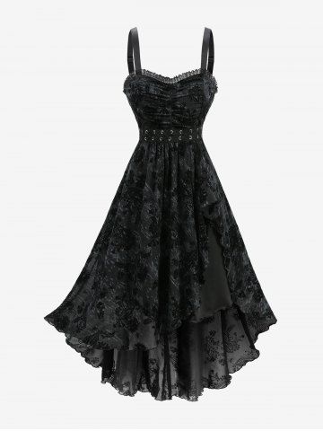 Plus Size Flowers Lace Trim Ruched Ruffles Lace-up Grommets High Low Tank Dress - BLACK - 5X | US 30-32