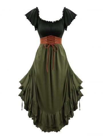 Grommets Lace Up Ruched Ruffles Dress - PLANT GREEN - XL