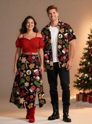 Christmas Gingerbread Star Bowknot Candy Snowflake Print Plus Size Matching Outfit For Couples -  