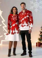 Christmas Tree Elk Snowflake Print Plus Size Matching Outfit For Couples -  