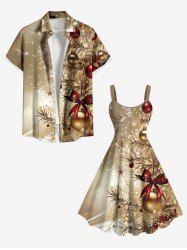 Glitter Christmas Tree Ball Bowknot Print Plus Size Matching Outfit For Couples -  
