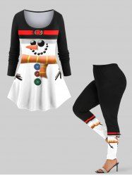 Christmas Snowman Print Long Sleeves Women T-shirt and Leggings Plus Size Matching Set -  