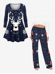 Ensemble pyjama femme grande taille, motif élan et flocons de neige, composé d'un t-shirt à manches longues et d'un pantalon assortis. - Bleu Marine 