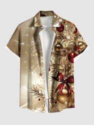Plus Size Glitter Christmas Tree Ball Bowknot Print Button Pocket Shirt For Men -  