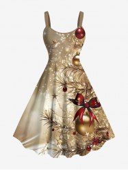 Plus Size Glitter Christmas Tree Ball Bowknot Print A Line Dress -  