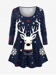 T-shirt à manches longues grande taille pour femme, imprimé de flocons de neige et de cerfs de Noël - Bleu Marine 3X