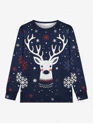 T-shirt à manches longues imprimé élan et flocons de neige pour homme grande taille - Bleu Marine XL