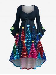 Plus Size Colorful Glitter Christmas Tree Print Ruched High Low Asymmetric Dress -  