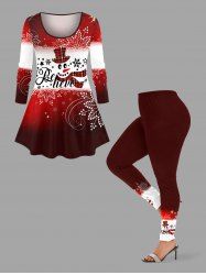 Christmas Snowman Snowflake Ombre Colorblock Print Plus Size Matching Set -  