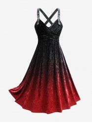 Plus Size Ombre Print Surplice Ruched Grommets PU Leather Straps Velvet Tank Dress -  