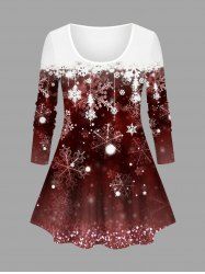 T-shirt à manches longues grande taille imprimé flocons de neige tie-dye colorblock de Noël - Rouge brique 4X