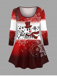 T-shirt à manches longues grande taille avec imprimé ombré de bonhomme de neige et flocons de neige, motif bonhomme de neige et flocons de neige. - Rouge S