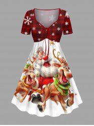 Plus Size Christmas Santa Claus Elk Candy Plaid Print Cinched Dress -  