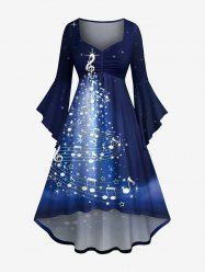 Plus Size Christmas Tree Galaxy Star Musical Notes Print Ruched Flare Sleeves High Low Dress -  