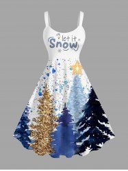 Robe débardeur grande taille à imprimé 3D sapin de Noël, bonhomme de neige, flocons et étoiles, avec sequins scintillants. - Blanc XXS