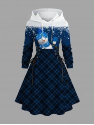 Plus Size Christmas Snowman Snowflake Plaid Colorblock Print Lace Up Drawstring Hoodie Dress -  