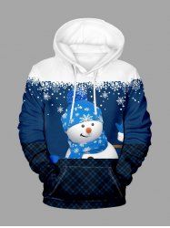 Plus Size Christmas Snowman Snowflake Plaid Colorblock Print Pocket Drawstring Hoodie For Men -  
