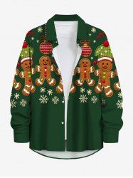 Plus Size Christmas Ball Gingerbread Snowflake Print Buttons Pocket Long Sleeves Shirt For Men -  