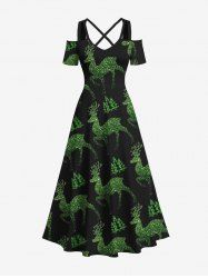 Plus Size Glitter Christmas Tree Elk Print Cold Shoulder Crisscross A Line Maxi Dress -  