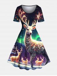 Plus Size Christmas Tree Elk Ball Ombre Aurora Print A Line Dress - Noir XXS