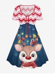 Robe trapèze grande taille à imprimé zigzag galaxie, motif élans et flocons de neige, avec ceinture cintrée - Bleu Marine XS