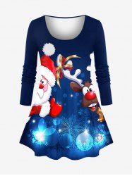 T-shirt à manches longues grande taille avec imprimé Père Noël, renne et flocons de neige - Bleu Marine 3X