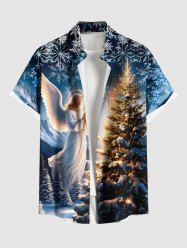 Plus Size Christmas Tree Snowflake Angel Print Button Pocket Shirt For Men -  