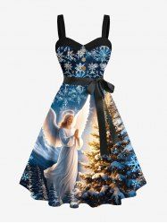 Plus Size Christmas Tree Snowflake Angel Print Button A Line Dress with Removable Belt -  